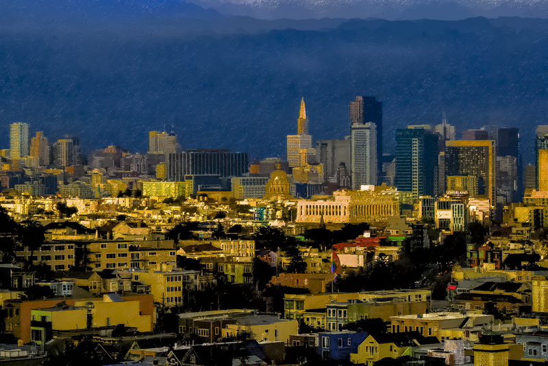 san francisco skyline in the rain