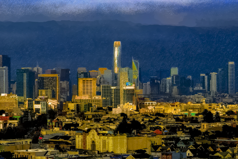 san francisco skyline in the rain