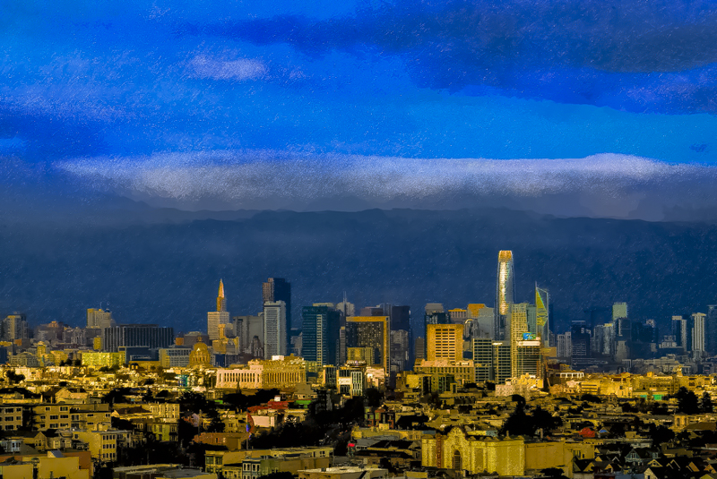 san francisco skyline in the rain